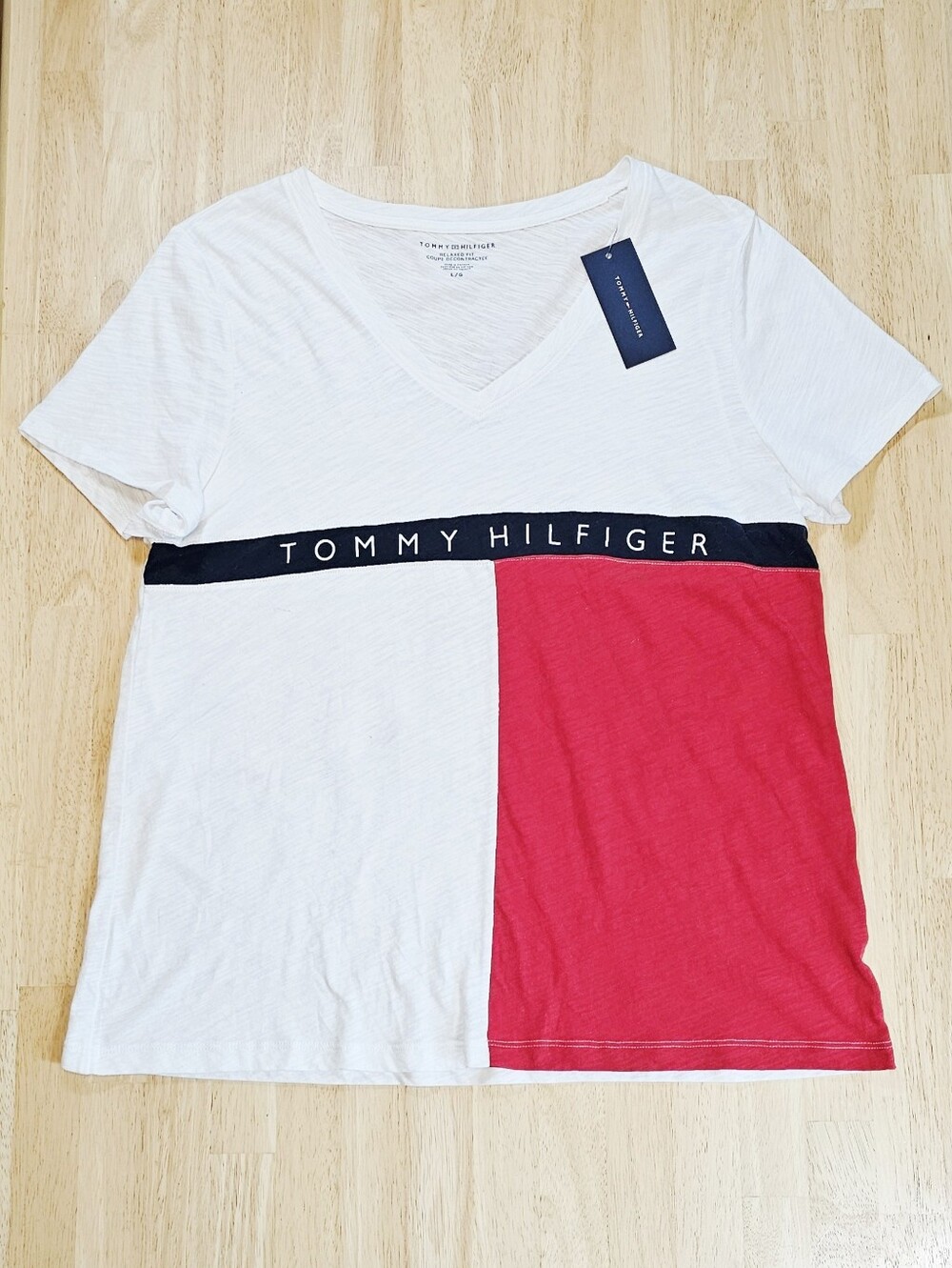 Tommy Hilfiger White, Red & Black Colorblock V-Neck Tee